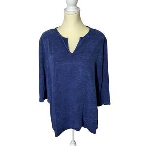Sooniya 100% Tencel Blue Marbled 3/4 Sleeve Split Neck Tunic Top Women's Small